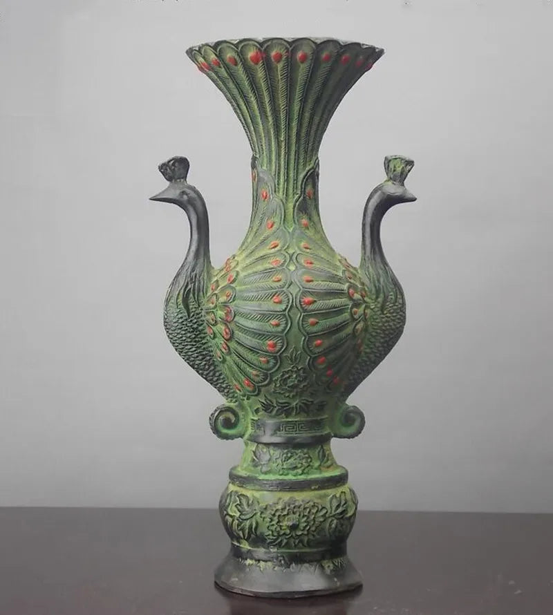 China bronze double peacock vase crafts statue