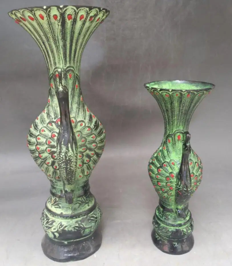 China bronze double peacock vase crafts statue