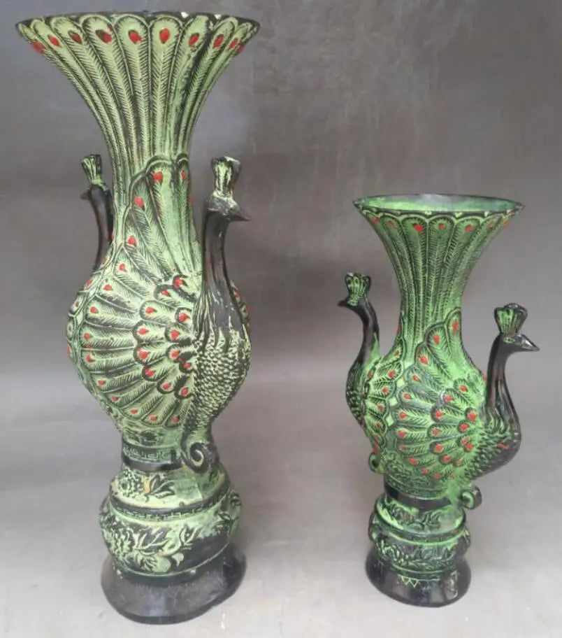 China bronze double peacock vase crafts statue