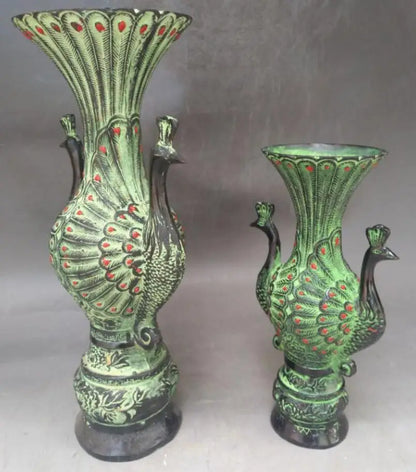 China bronze double peacock vase crafts statue