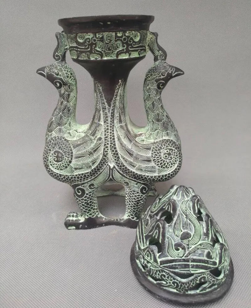 China bronze double phoenix Smoked incense burner crafts statue