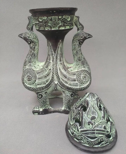 China bronze double phoenix Smoked incense burner crafts statue