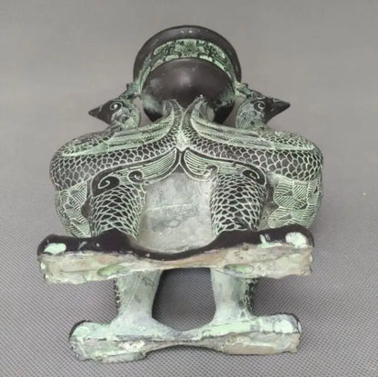 China bronze double phoenix Smoked incense burner crafts statue