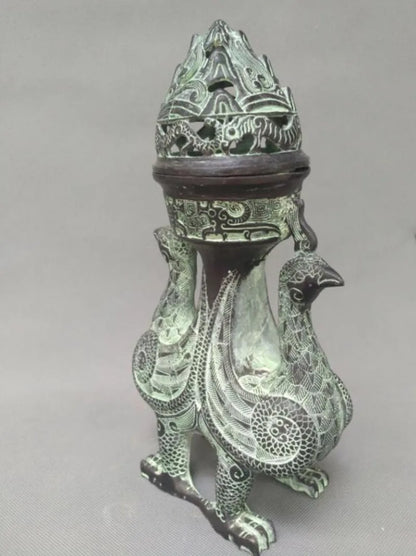 China bronze double phoenix Smoked incense burner crafts statue