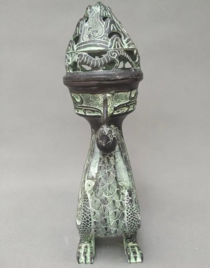 China bronze double phoenix Smoked incense burner crafts statue