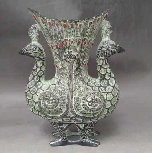 China bronze double phoenix wine cup crafts statue