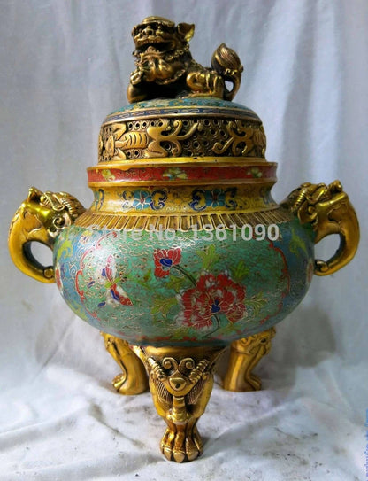 China bronze gold Cloisonne Buddhism Six Foo Dogs lions censer Incense