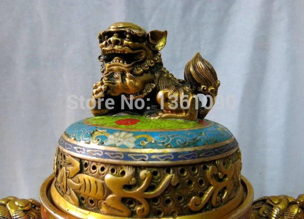 China bronze gold Cloisonne Buddhism Six Foo Dogs lions censer Incense