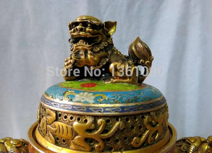 China bronze gold Cloisonne Buddhism Six Foo Dogs lions censer Incense