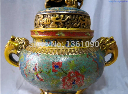 China bronze gold Cloisonne Buddhism Six Foo Dogs lions censer Incense