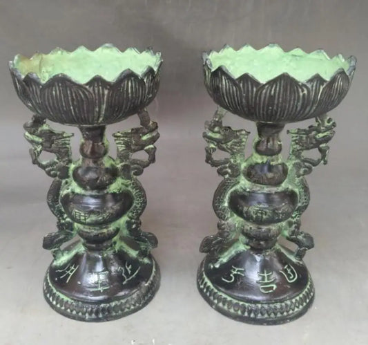 China bronze lotus Candle Holders crafts statue A pair