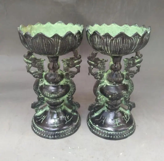 China bronze lotus Candle Holders crafts statue A pair