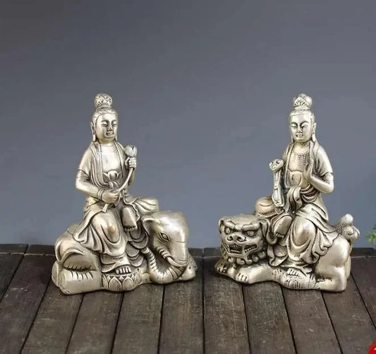 China collection archaize white copper Manjusri bodhisattva and Samantabhadra bodhisattva statue