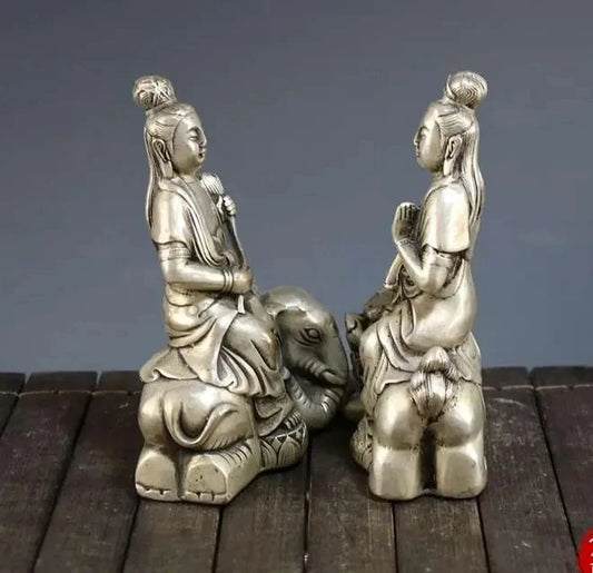 China collection archaize white copper Manjusri bodhisattva and Samantabhadra bodhisattva statue