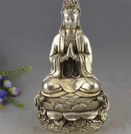 China collection archaize white copper lotus Guanyin bodhisattva Buddha statue