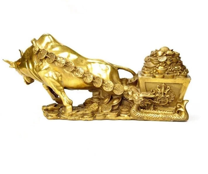 China collection fine workmanship the brass cattle pull Gold COINS wealth statue