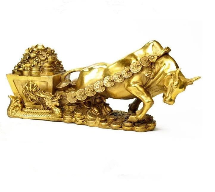 China collection fine workmanship the brass cattle pull Gold COINS wealth statue