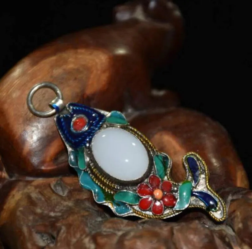 China copper mosaic white jade cloisonne amulet Pendant
