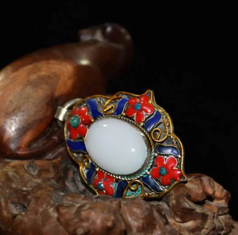 China copper mosaic white jade cloisonne amulet Pendant