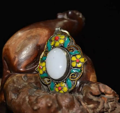 China copper mosaic white jade cloisonne amulet Pendant