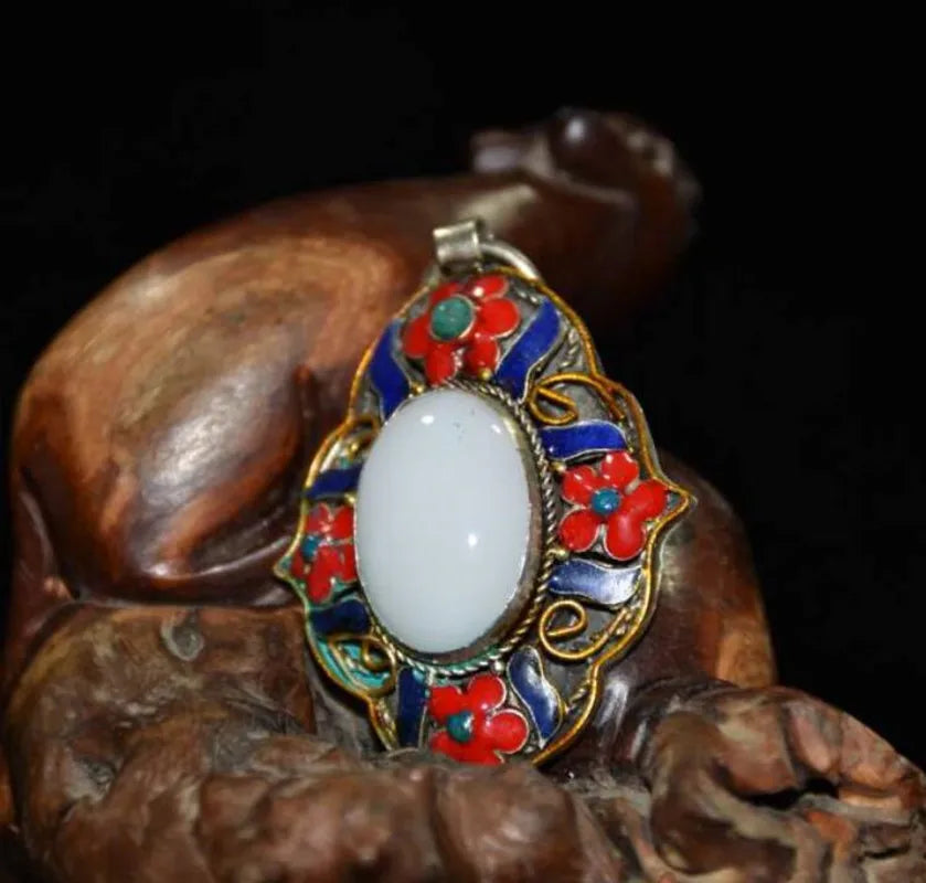 China copper mosaic white jade cloisonne amulet Pendant