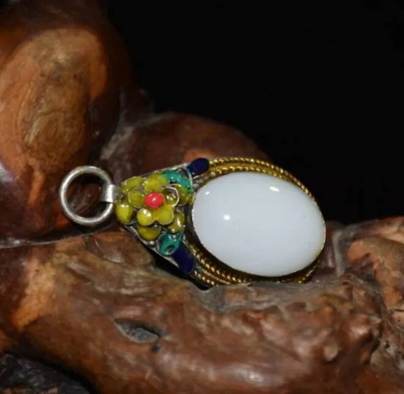 China copper mosaic white jade cloisonne amulet Pendant