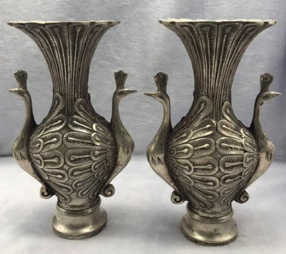 China copper peacock vase crafts statue A pair
