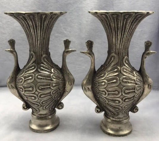 China copper peacock vase crafts statue A pair