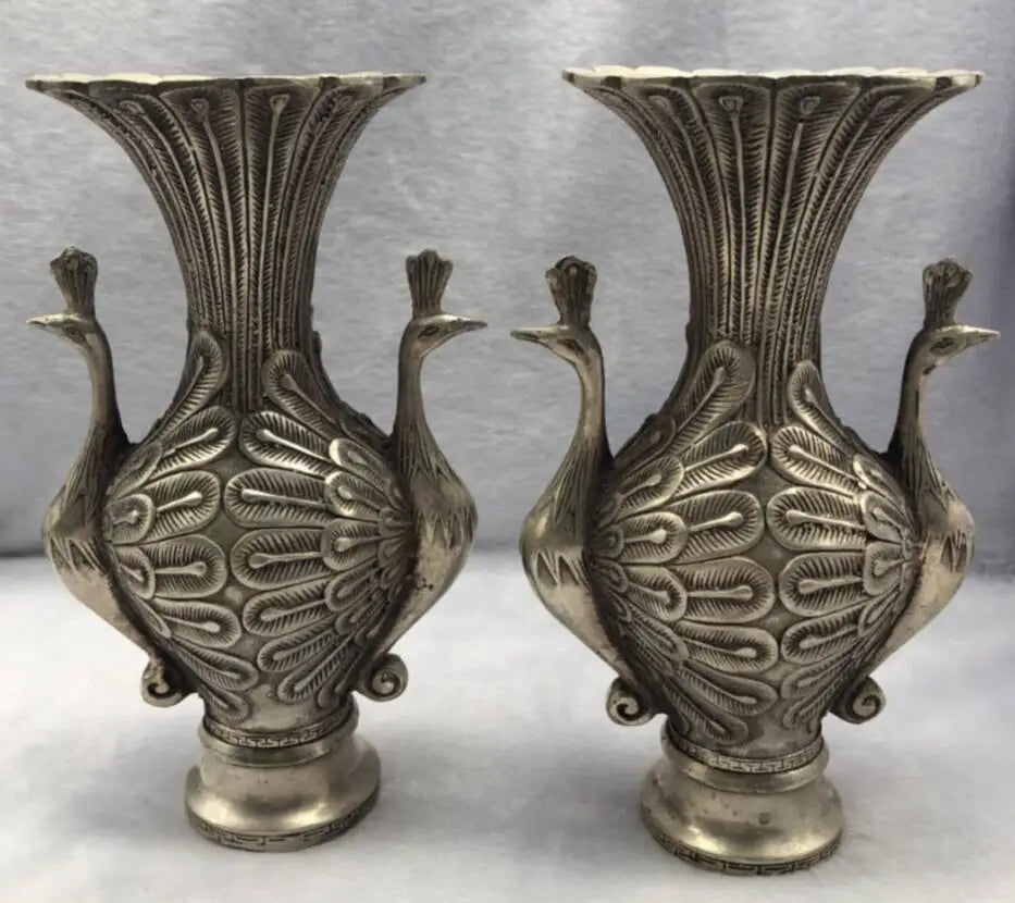 China copper peacock vase crafts statue A pair