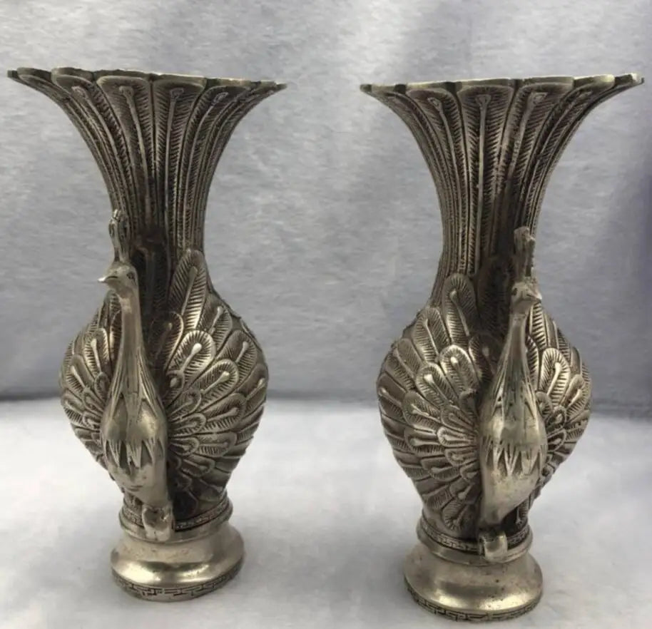 China copper peacock vase crafts statue A pair