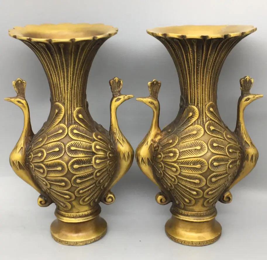 China copper peacock vase crafts statue A pair