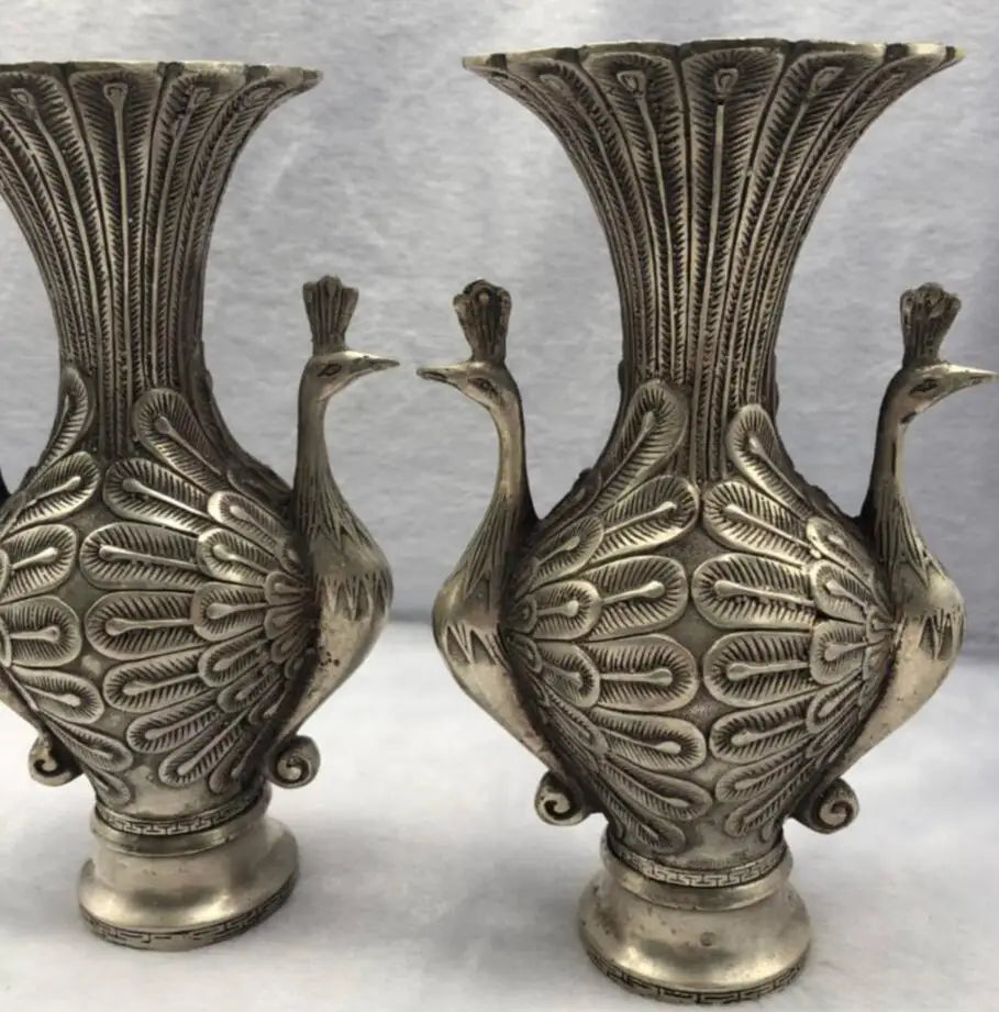 China copper peacock vase crafts statue A pair