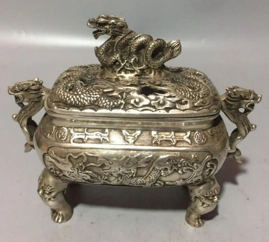 China copper two dragon Incense burner crafts statue