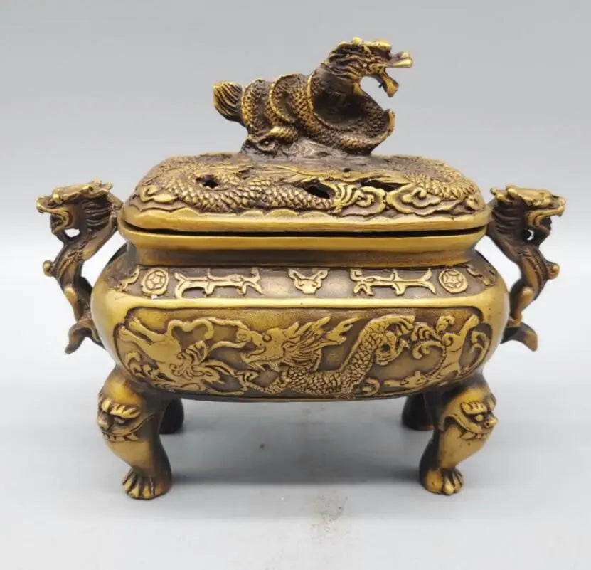 China copper two dragon Incense burner crafts statue