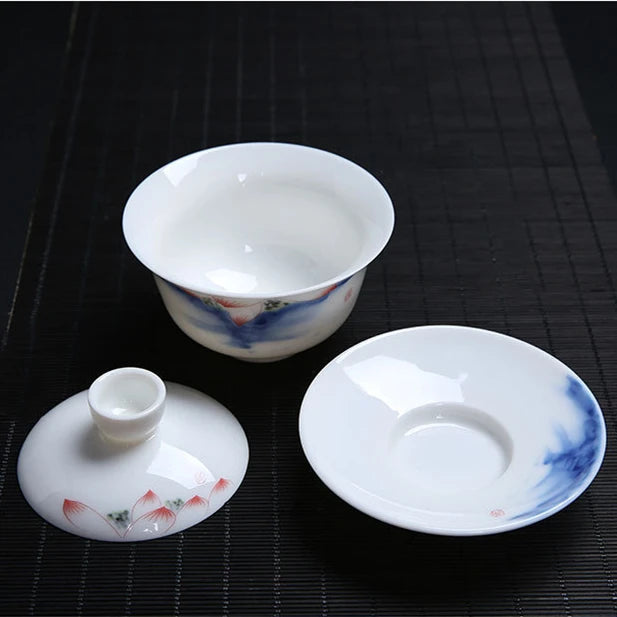 China cup bowl handpainted floral design traditional craft Sancai gaiwan porcelain tureen for Oolong tea in China on sales new