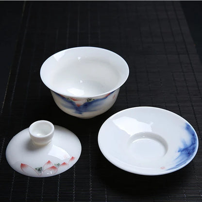 China cup bowl handpainted floral design traditional craft Sancai gaiwan porcelain tureen for Oolong tea in China on sales new