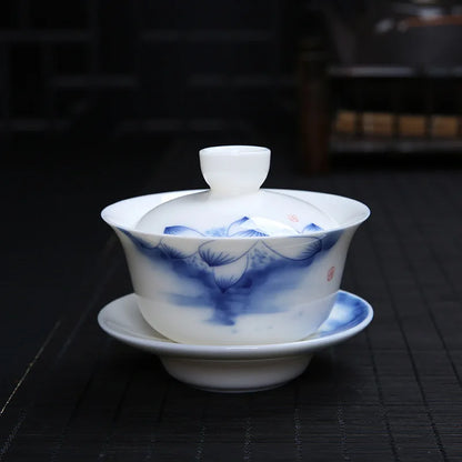 China cup bowl handpainted floral design traditional craft Sancai gaiwan porcelain tureen for Oolong tea in China on sales new