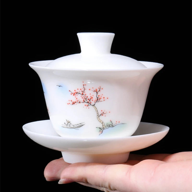 China gaiwan handpainted creative tureen Dehua porcelain capital thin glaze covered bowl cup saucer coaster lid tree print new