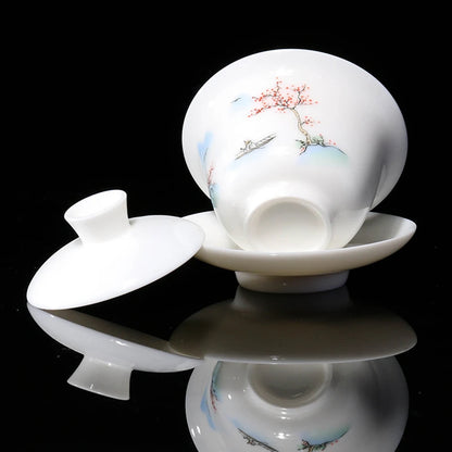 China gaiwan handpainted creative tureen Dehua porcelain capital thin glaze covered bowl cup saucer coaster lid tree print new