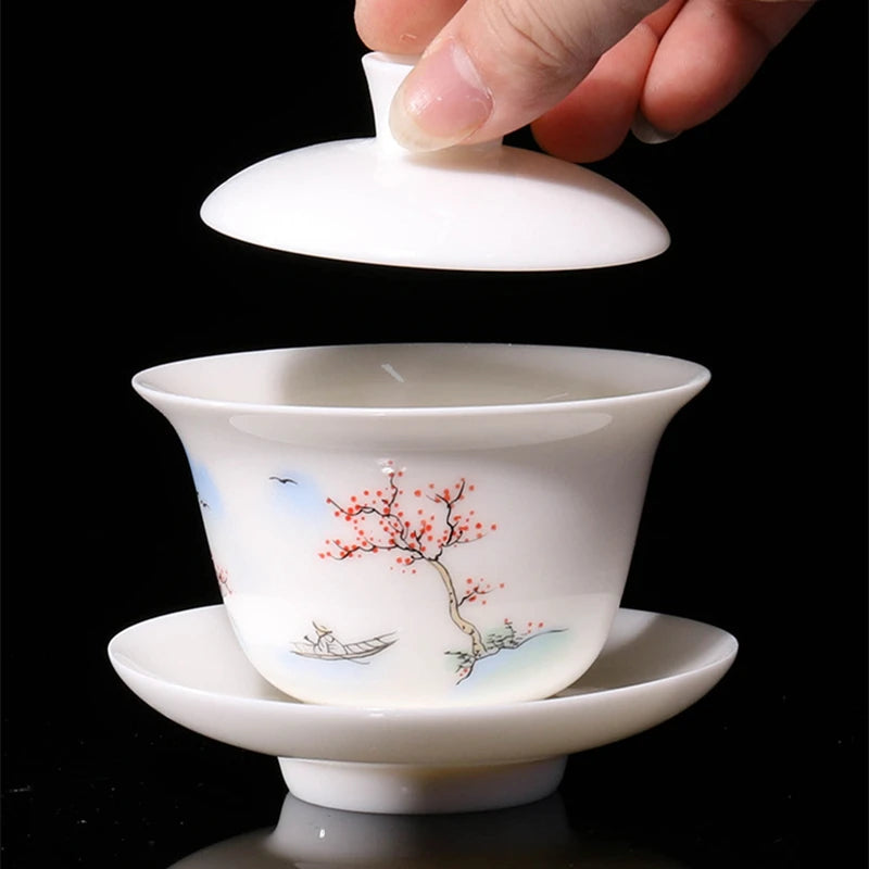 China gaiwan handpainted creative tureen Dehua porcelain capital thin glaze covered bowl cup saucer coaster lid tree print new
