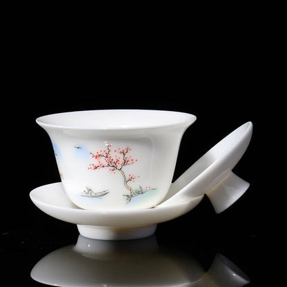 China gaiwan handpainted creative tureen Dehua porcelain capital thin glaze covered bowl cup saucer coaster lid tree print new