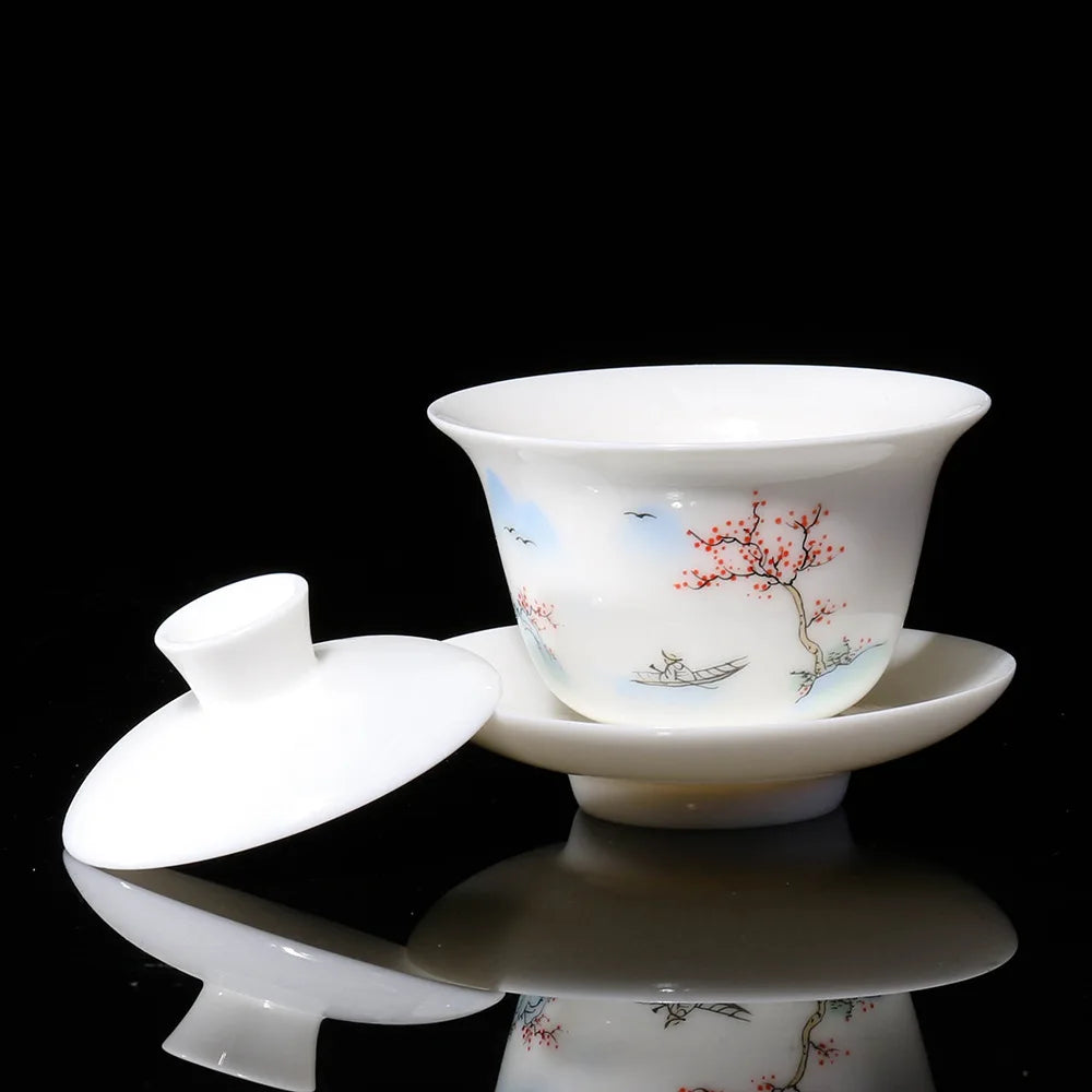 China gaiwan handpainted creative tureen Dehua porcelain capital thin glaze covered bowl cup saucer coaster lid tree print new