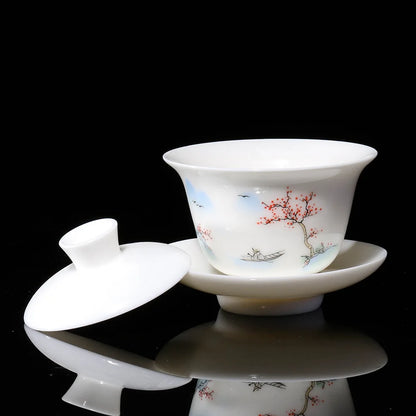 China gaiwan handpainted creative tureen Dehua porcelain capital thin glaze covered bowl cup saucer coaster lid tree print new