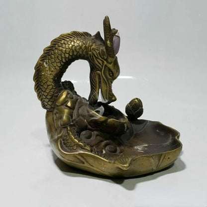 China old Antique brass Hand carved lucky Dragon statue incense burner