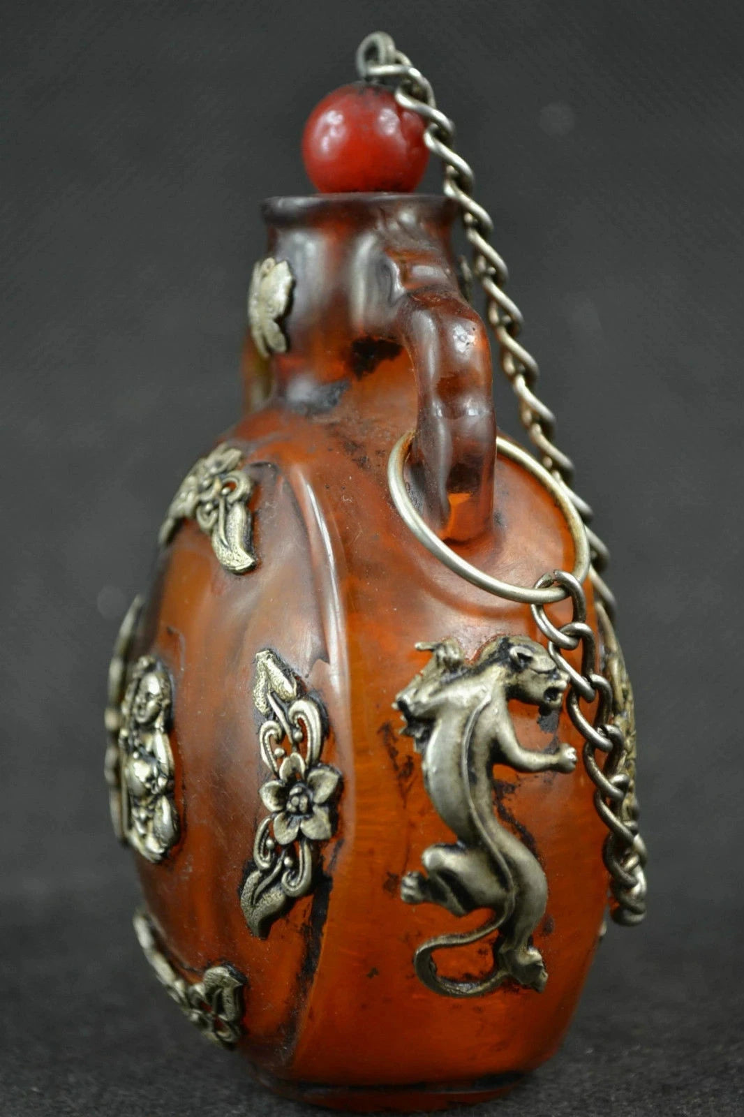 China old Tibet silver amber carved butterfly Buddha statues snuff bottle