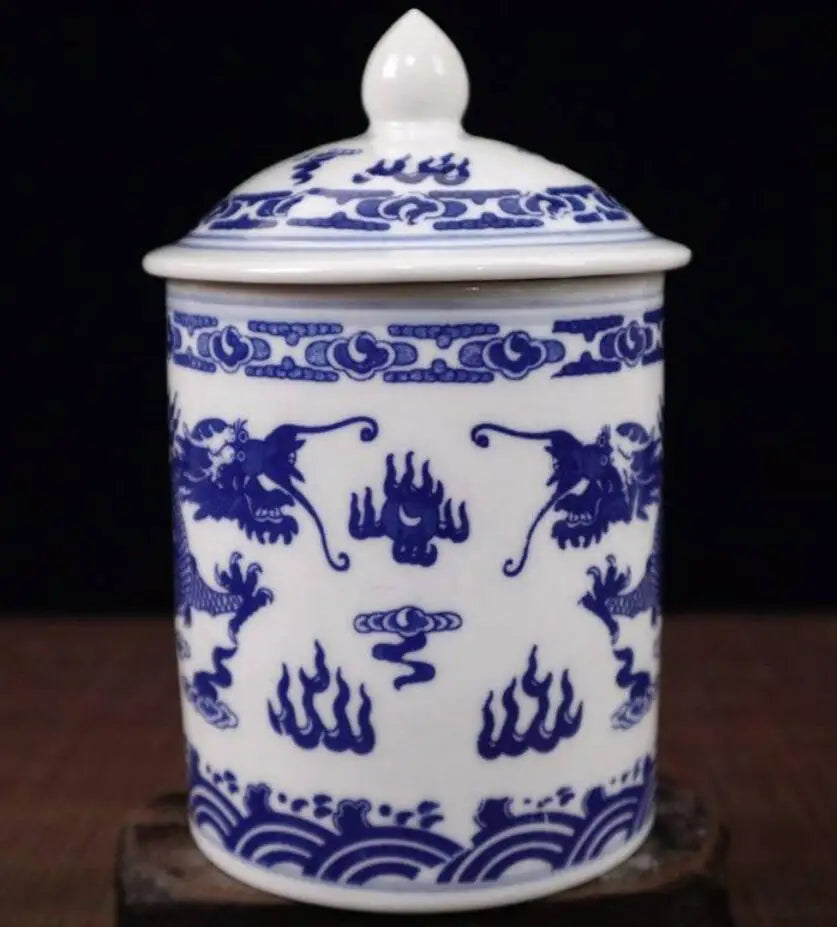 China seiko Blue and white ceramic double dragon water cup crafts statue