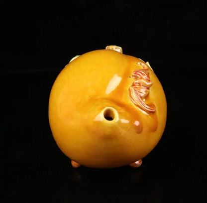 China seiko Yellow glaze ceramic Peach teapot crafts statue