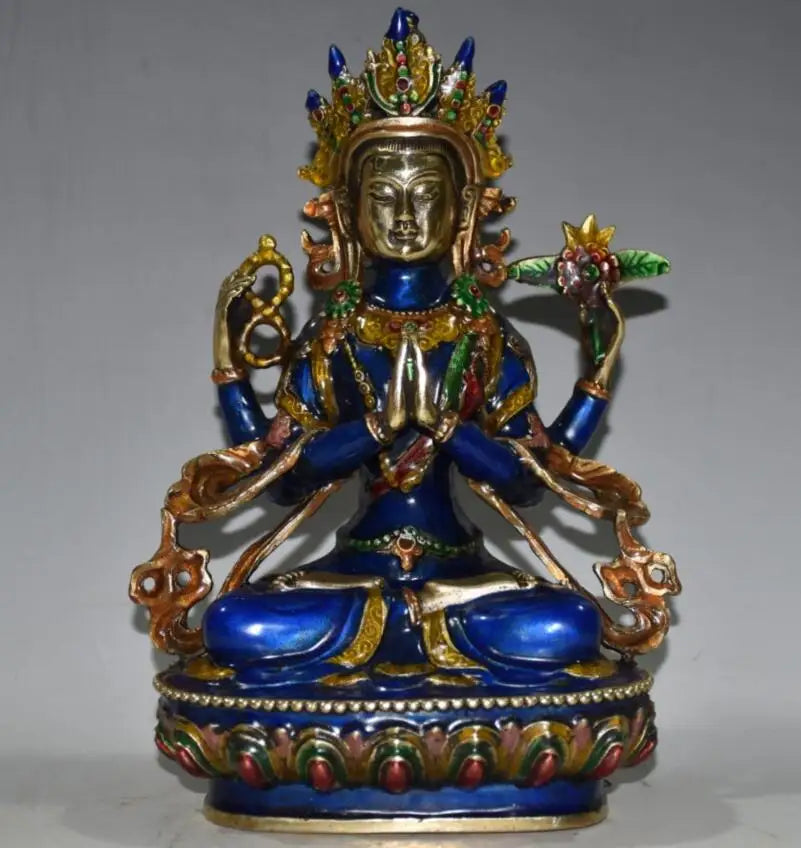 China seiko brass cloisonne Four arms Guanyin Buddha crafts statue