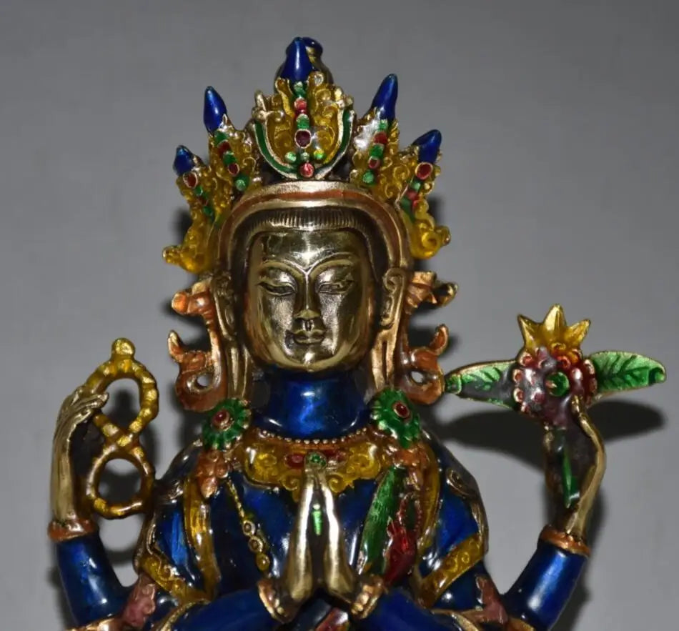 China seiko brass cloisonne Four arms Guanyin Buddha crafts statue