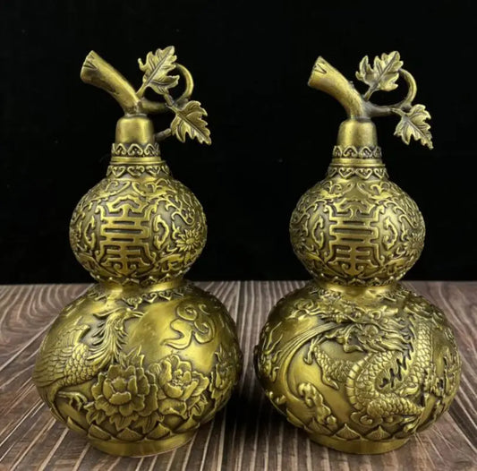 China seiko brass dragon phoenix gourd crafts statue A pair